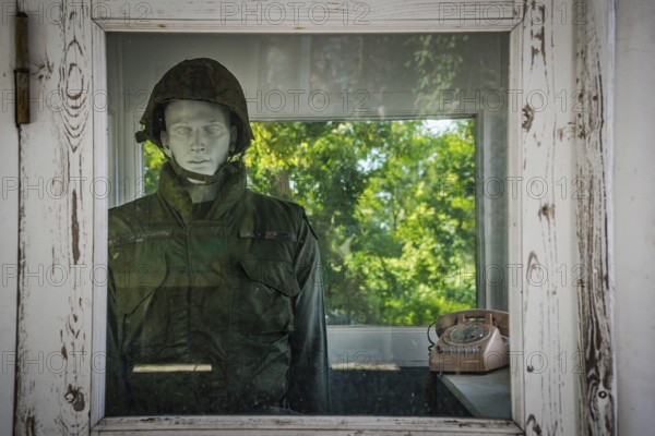 Installation with soldier on the former US monitoring system on the Teufelsberg in Grunewald, Berlin