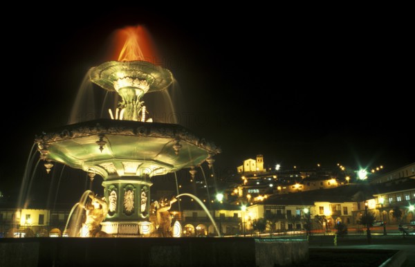 Illuminated fountain on Placa de Armas, Cusco, Andean Highlands, South America, September 1997, vintage, retro, old, historic