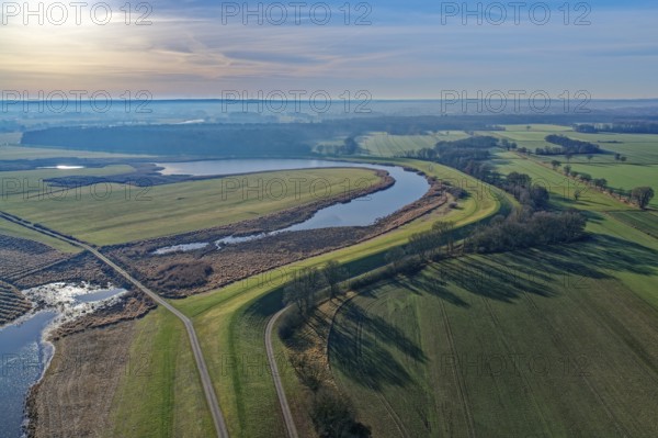 Radegaster Haken in the Elbe floodplain near Bleckede-Radegast on a clear winter day in the Elbe River Landscape Biosphere Reserve. aerial view. Bleckede-Radegast, Lower Saxony, Germany