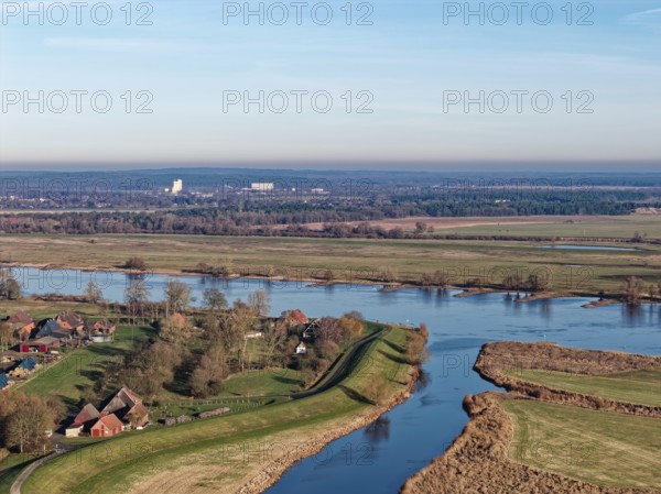 The Radegaster Haken with Elbe dike on the Elbe near Bleckede-Radegast on a clear winter day in the Elbe River Landscape Biosphere Reserve. aerial view. Bleckede-Radegast, Lower Saxony, Germany