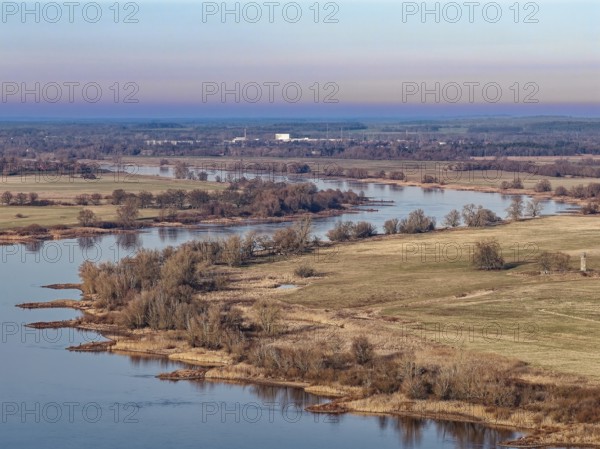 The Elbe in the Elbe floodplain near Bleckede in the Elbe River Landscape Biosphere Reserve in evening light in winter. aerial view. Bleckede, Lower Saxony, Germany