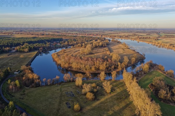 The Elbe in the Elbe floodplain near Bleckede, Alt Garge in the Elbe River Landscape Biosphere Reserve in evening light in winter. aerial view. Bleckede-altgarge, Lower Saxony, Germany
