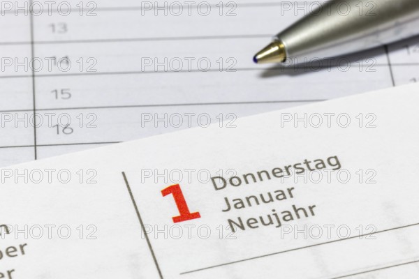 Excerpt from the calendar for January 1st, New Year with a ballpoint pen, diary