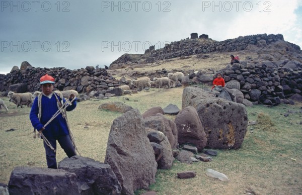 Sheep and children at the Sillustani ruins on Lake Umayo near Puno, Andean highlands, Peru, South America, September 1997, vintage, retro, old, historic