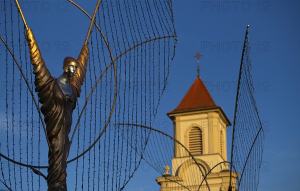 Golden Angel, Angel Figure, Angel Motif, Catholic Church of the Most Holy Trinity, Baroque Christmas Market, Ludwigsburg, Evening Light, Baden-Württemberg, Germany