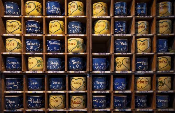 Name trays, cups with names, first names, shelf, sales stand, baroque Christmas market, Ludwigsburg, Baden-Württemberg, Germany