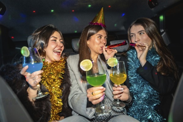 Young women friends celebrating a new year's eve or special occasion, having fun in a car, enjoying colorful cocktails and party blowers, with festive decorations and disco lights