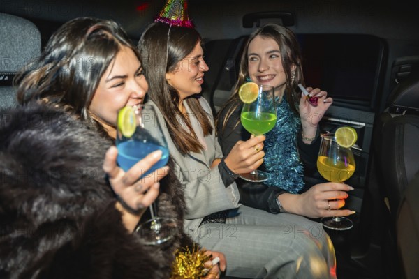 Young women are celebrating a new year's eve party inside a car, holding colorful cocktails and enjoying the fun moment with friends, anticipating the festive night