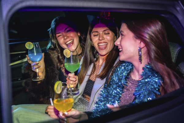 Three friends joyfully celebrating a festive occasion, laughing and holding colorful cocktails inside a car, enjoying a night out together with vibrant energy