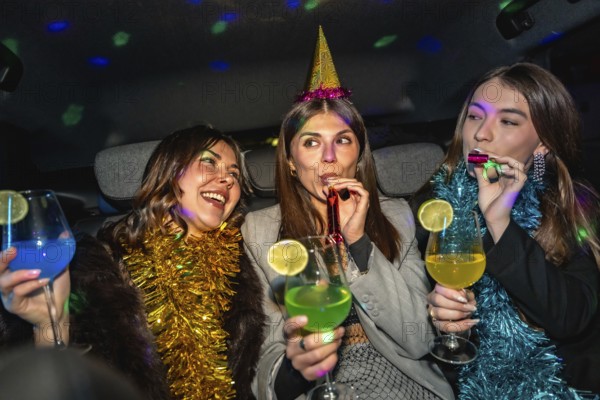 Young women celebrating a festive night out in a decorated party car with disco lights, tinsel and party hats, cheering with colorful cocktails and laughter