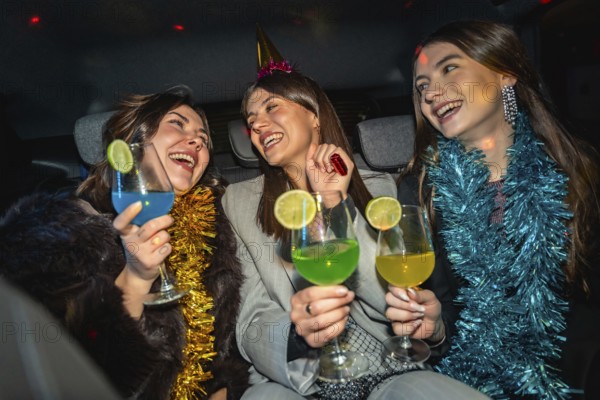 Three happy young women traveling in a car, laughing and toasting colorful cocktails together, wearing festive tinsel and a party hat, enjoying a lively night celebration