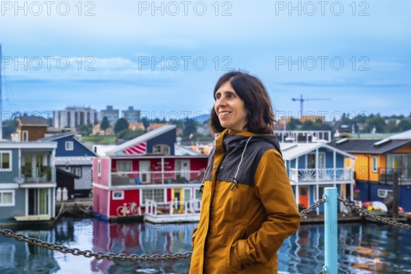 Happy tourist admiring the colorful floating houses of fisherman's wharf park in victoria, british columbia, with the city skyline in the background on a beautiful summer day
