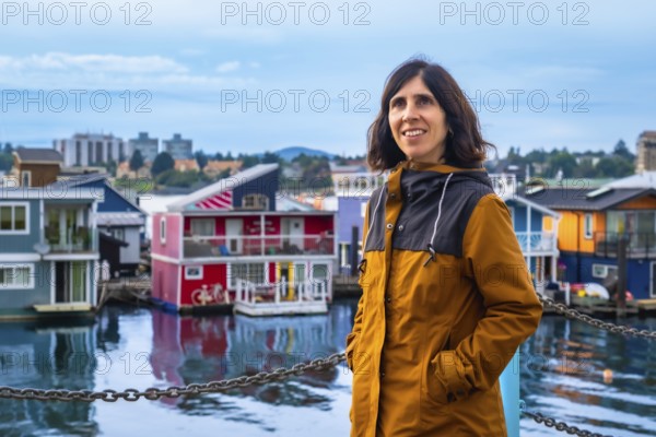 Happy tourist smiling while visiting the colorful floating houses of fisherman's wharf park in victoria, british columbia, canada, during a summer day