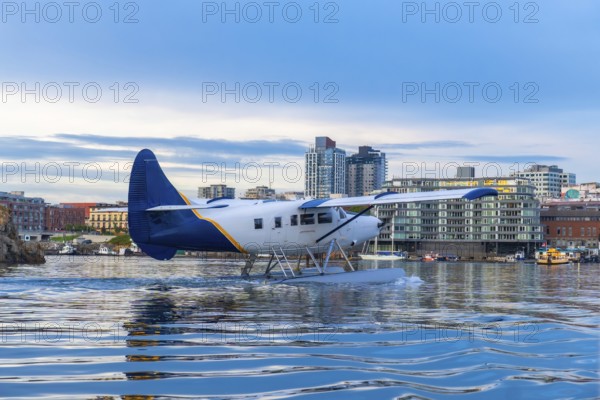 Seaplane is landing in the inner harbour of victoria, british columbia, with the city skyline in the background during a beautiful summer evening