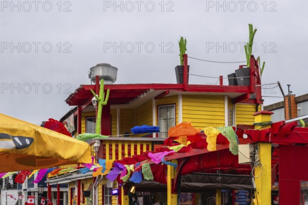 Vibrant mexican restaurant decorated with colorful papel picado and cacti, celebrating summer in the heart of victoria, british columbia, canada, exhibiting a festive atmosphere
