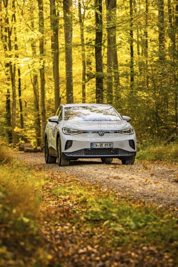 White car on a forest path surrounded by autumn leaves, VW ID4 electric car, Deer Carsharing, Calw, Germany