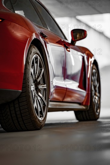 Close-up of a red car in a garage, sporty wheels, shadow games, Porsche Taycan, Deer car sharing, Calw, Germany