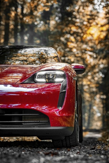 Red car in the forest with an autumnal atmosphere and modern headlights, Porsche Taycan, deer car sharing. Calw, Germany