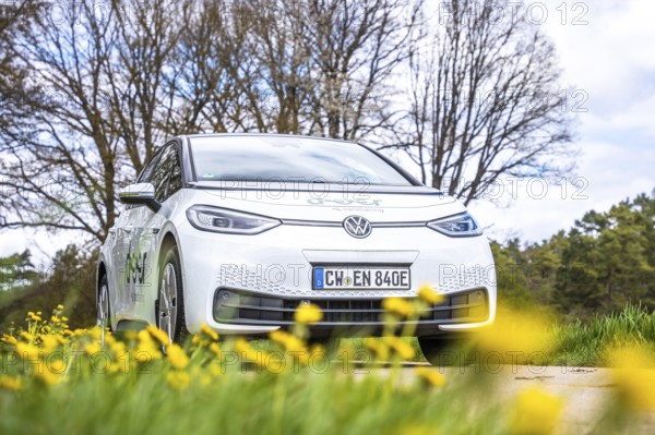 A white car is parked in a meadow with yellow flowers and bare trees, ID3 VW, deer car sharing. Calw, Germany