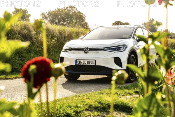 Car on country road surrounded by blooming summer plants, sunny atmosphere, VW ID4 electric car, deer car sharing, Calw, Germany