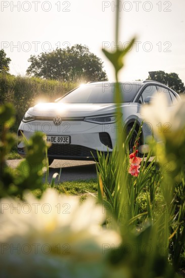 Car behind shiny blossoms in sunlight, warm, glowing depiction of nature, VW ID4 electric car, deer car sharing, Calw, Germany