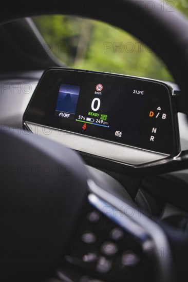Close-up of car display with vehicle information, VW ID4 electric car, Deer Carsharing, Calw, Germany