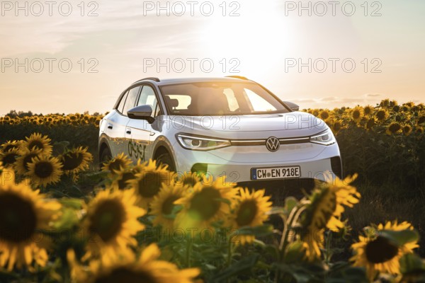 Car between sunflowers at sunset, VW ID4 electric car, Deer Carsharing, Calw, Germany