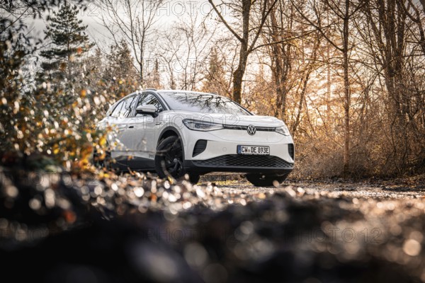 Car in an autumn forest landscape with bare trees, VW ID4 electric car, Deer Carsharing, Calw, Germany