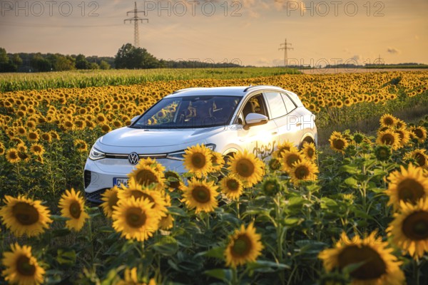 White car in a blooming sunflower field at sunset, rural idyll, VW ID4 electric car, deer car sharing, Calw, Germany