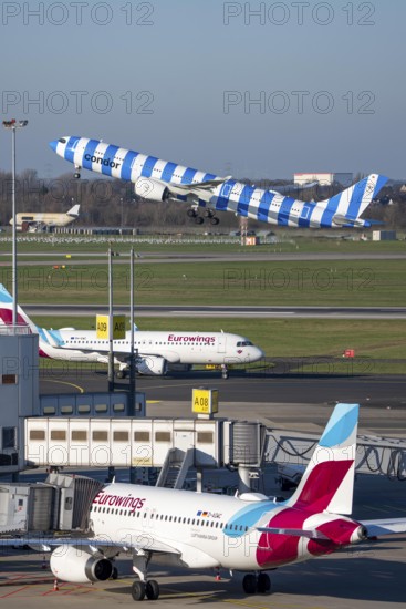 Eurowings Airbus aircraft at terminal A, Condor Airbus A330-900, taking off, Düsseldorf airport, DUS