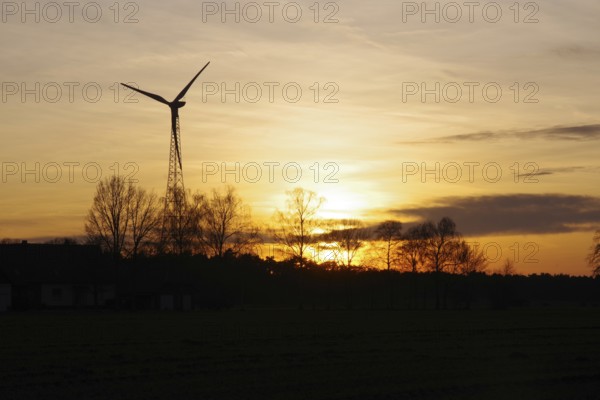 Landscape, wind generator, sunset, orange, atmospheric, Germany, golden yellow sunset in December