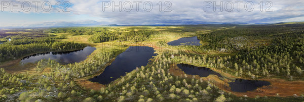 Panoramic view of lakes between forests and moors under cloudy sky, drone shot, aerial view, Dalarnas Län, Sweden