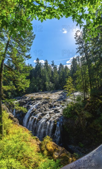 Cascading over rocks, englishman river falls creates a stunning spectacle amidst a vibrant green forest under a bright blue sky on vancouver island, british columbia