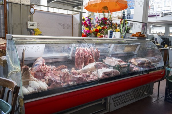 Refrigerated display cabinet with a selection of different types of meat in a butcher shop, Akhaltsikhe, Samtskhe-Javakheti region, Samtskhe-Javakheti, Georgia