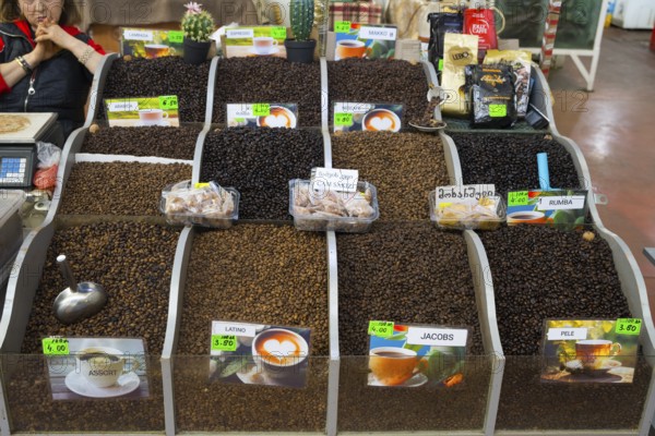 Market stand with a wide selection of different types of coffee beans, Akhaltsikhe market, Samtskhe-Javakheti region, Samtskhe-Javakheti, Georgia