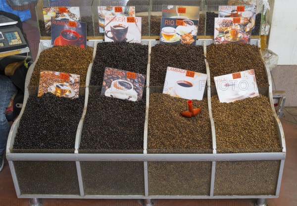 Market stand with various types of coffee beans and corresponding prices, Akhaltsikhe market, Samtskhe-Javakheti region, Samtskhe-Javakheti, Georgia