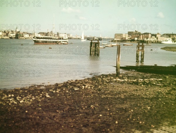 Royal Navy training ship HMS Foudroyant, launched as HMS Trincomalee in 1817, Portsmouth Harbour, Hampshire, England, UK c 1956