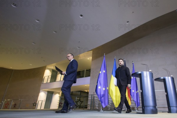 Friedrich Merz (Chancellor of the Federal Republic of Germany) and Volodymyr Zelensky (President of Ukraine) leave the press conference at the Federal Chancellery after the 8th German-Ukrainian Economic Forum, 15.08.2025