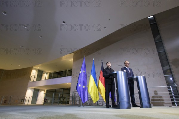 Volodymyr Zelensky (President of Ukraine) and Friedrich Merz (Chancellor of the Federal Republic of Germany) hold a press conference at the Federal Chancellery after the 8th German-Ukrainian Economic Forum, 15 August 2025