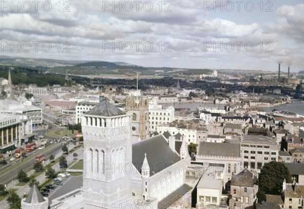 View over Guildhall building and city centre, Plymouth, Devon, England, UK c 1962