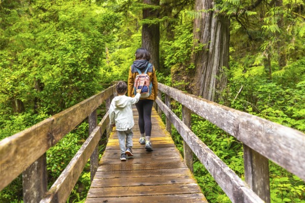 Mother and child enjoying a peaceful walk on a wooden boardwalk through a lush rainforest, surrounded by tall trees and vibrant green foliage, creating a serene and adventurous atmosphere