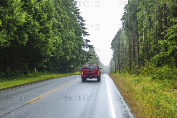 Red pickup truck driving away on a scenic rainforest road during a cloudy day in ucluelet, a small district municipality on the west coast of vancouver island in british columbia, canada