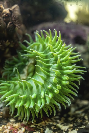 Giant green sea anemone showing its beautiful tentacles in aquarium, creating a mesmerizing underwater scene with vibrant colors and intricate details