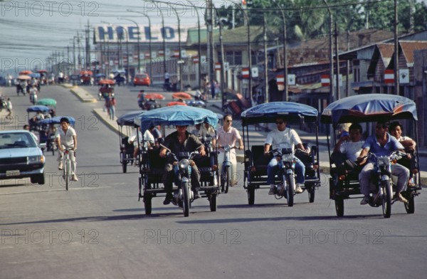 Auto rickshaws, tuk-tuks, Iquitos, Peru, South America, September 1997, vintage, retro, old, historic