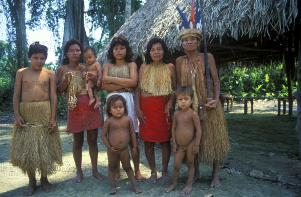 Members of a Yagua tribe near Iquitos on the Amazon pose for photos, Peru, South America, September 1997, vintage, retro, old, historic