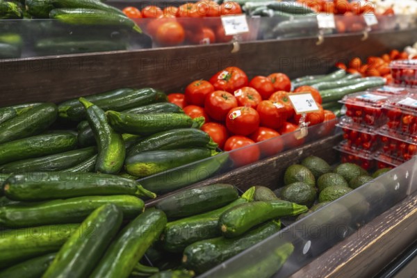 Wooden shelves displaying a variety of fresh produce including zucchini, tomatoes, cucumbers, and avocados, creating a vibrant and colorful display in a grocery store