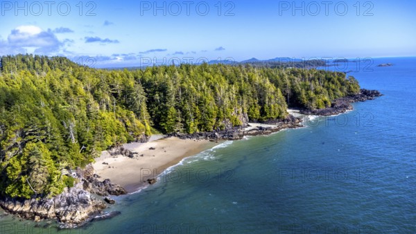 Breathtaking aerial view revealing the pristine beauty of mackenzie beach within clayoquot sound unesco biosphere reserve, highlighting vibrant coastal ecosystems and the pacific ocean