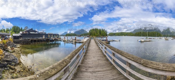 Panoramic view of a wooden pier leading to a harbor with boats, surrounded by lush forests and mountains under a cloudy blue sky in tofino, vancouver island, british columbia, canada