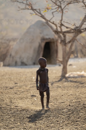 Child in front of Himba hut, traditional Himba village in the savanna, arid landscape, Kaokoveld, Kunene, Namibia