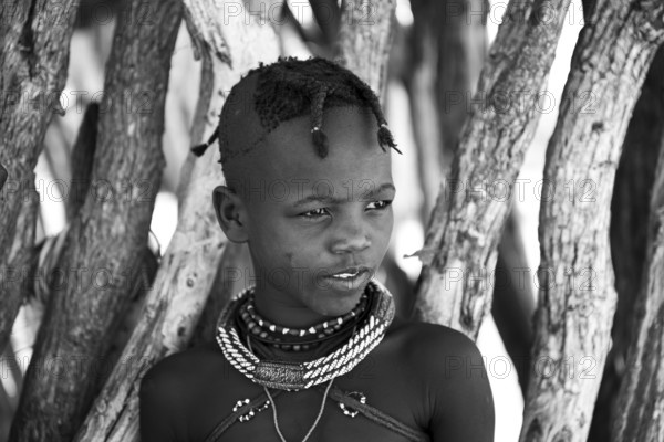 Black and white, portrait, Himba child, traditional Himba village, Kaokoveld, Kunene, Namibia